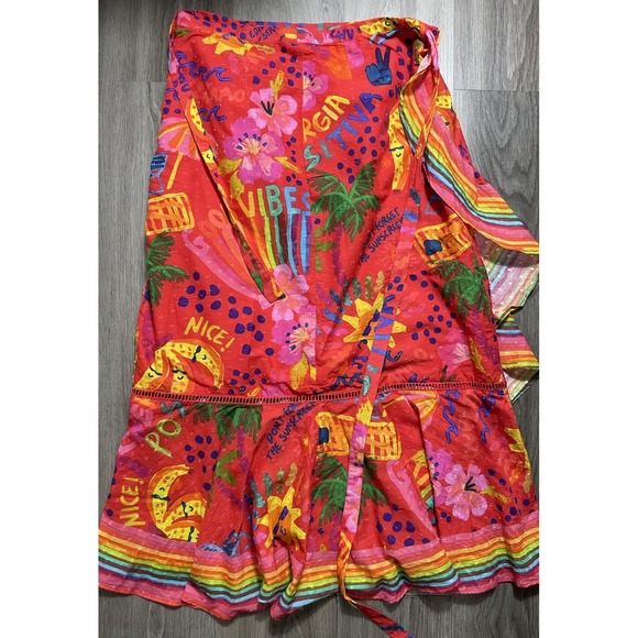 Farm Rio Red Good Vibes Wrap Skirt Women's Size XL Bold Colorful Cotton - Picture 8 of 14